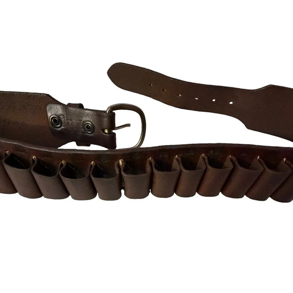 Handmade Brown Leather Rifle Cartridge Belt Bandolier 20 Loop Brass Buckle